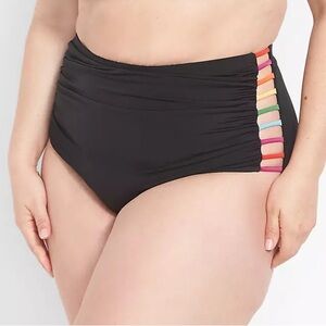Cacique Strappy Ruched-Side High-Waist Swim Brief Black and Rainbow size 14